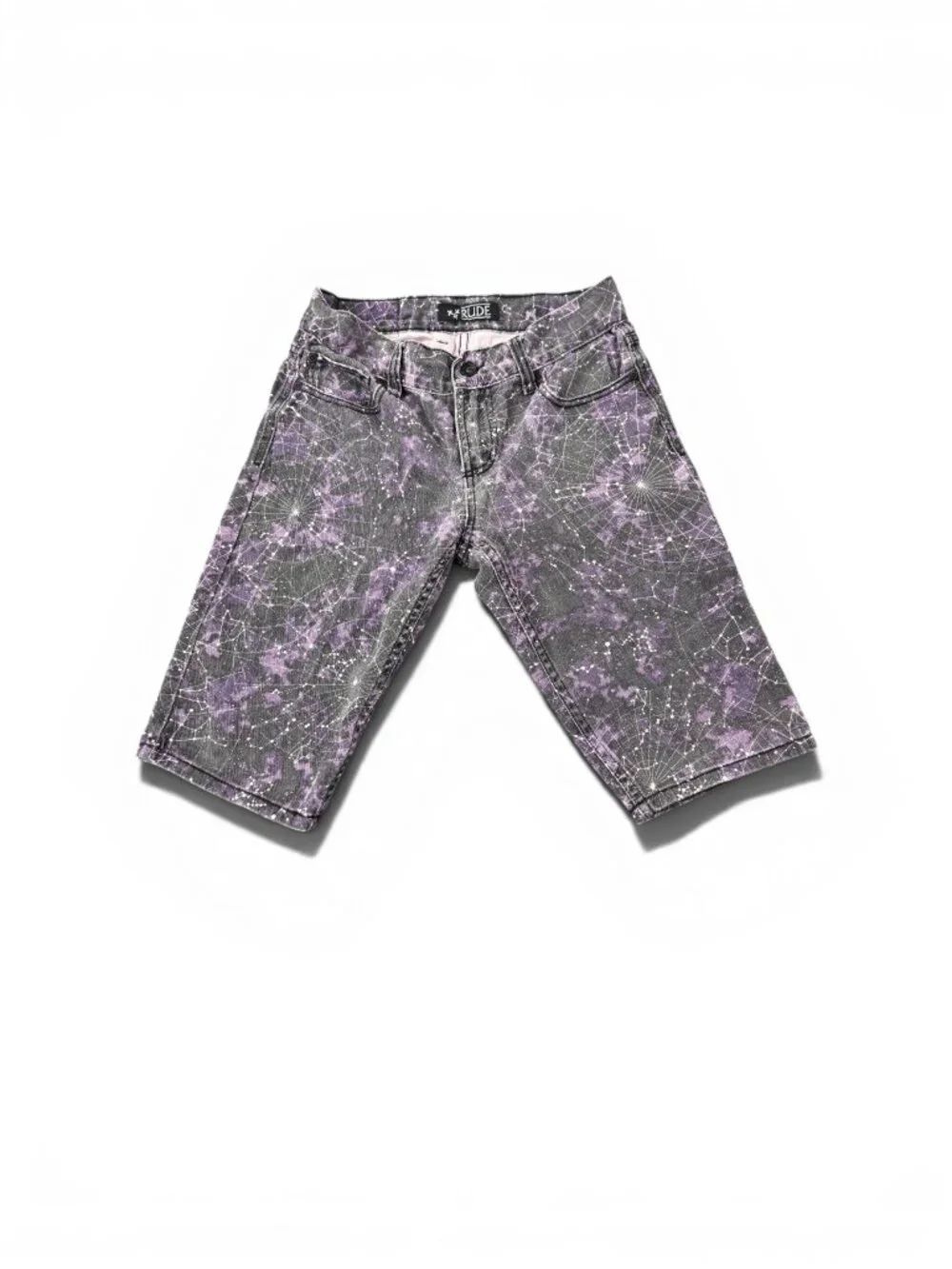 XXX RUDE Purple Constellation Skinny Shorts Size 28W X 13L Cotton Spandex